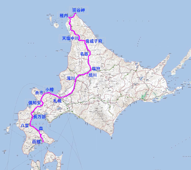 北海道縦断歩き旅ルート地図全図