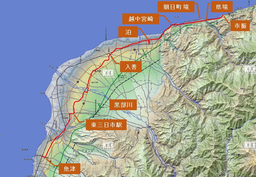 北陸街道(加賀街道)　市振から魚津　地図