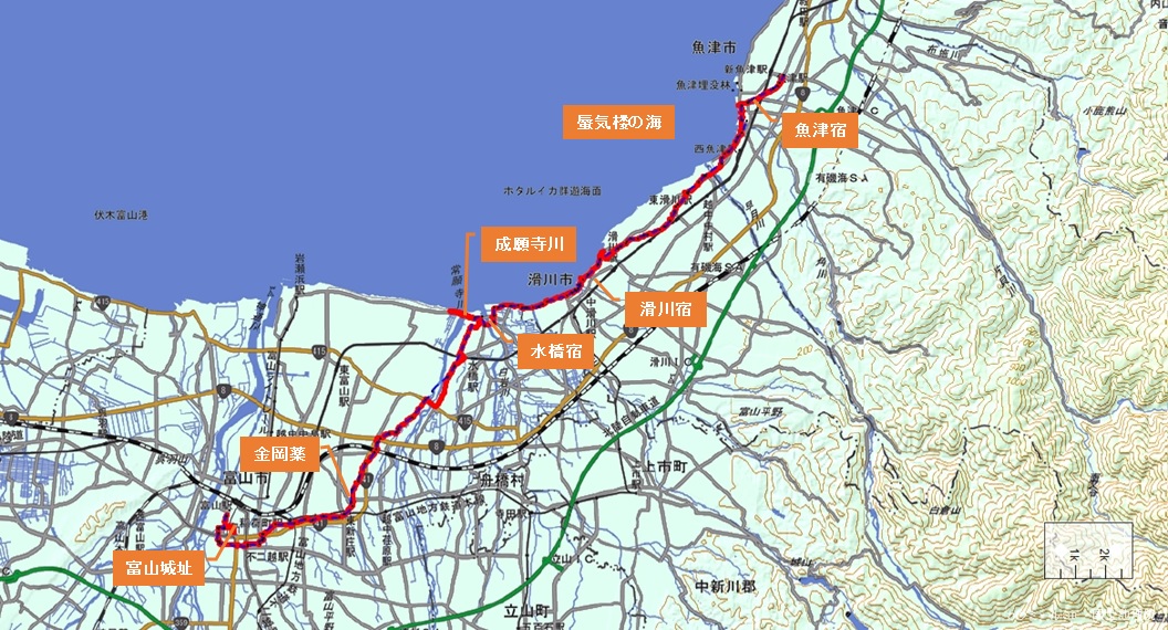 北陸街道(加賀街道)魚津から富山城下地図