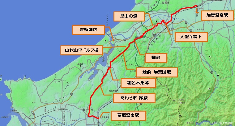 北陸街道(北国街道)　加賀温泉から粟原温泉地図