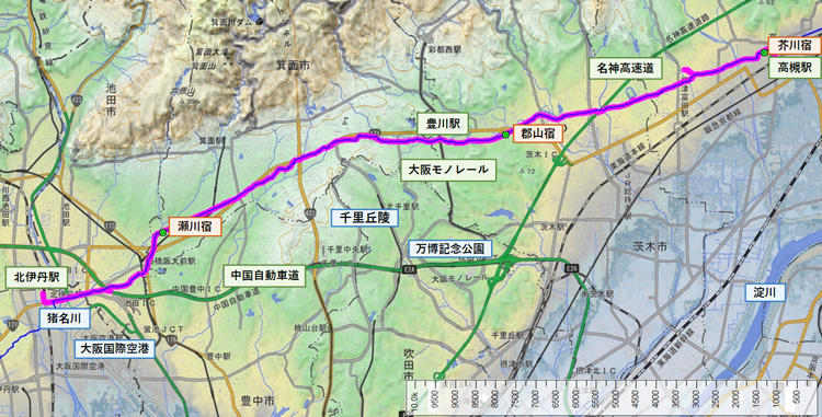 旧山陽道（西国街道）　芥川宿から北伊丹　ルート地図